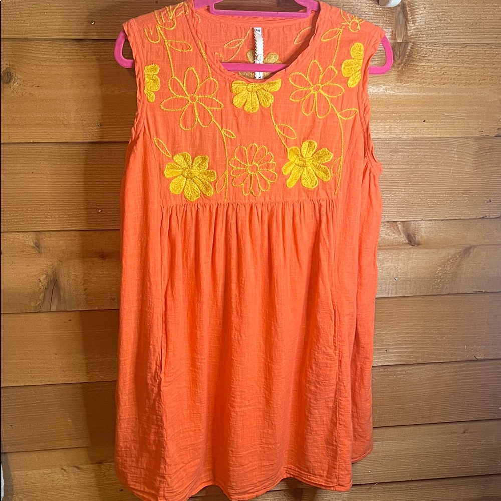 Uncle Frank Anthropologie Orange Coral Floral Embroidered Babydoll Dress M/L - Picture 2 of 7